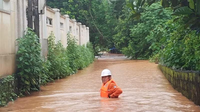 Công nhân Công ty Điện Lực Mai Châu kiểm tra công tác bảo đảm an toàn lưới điện.