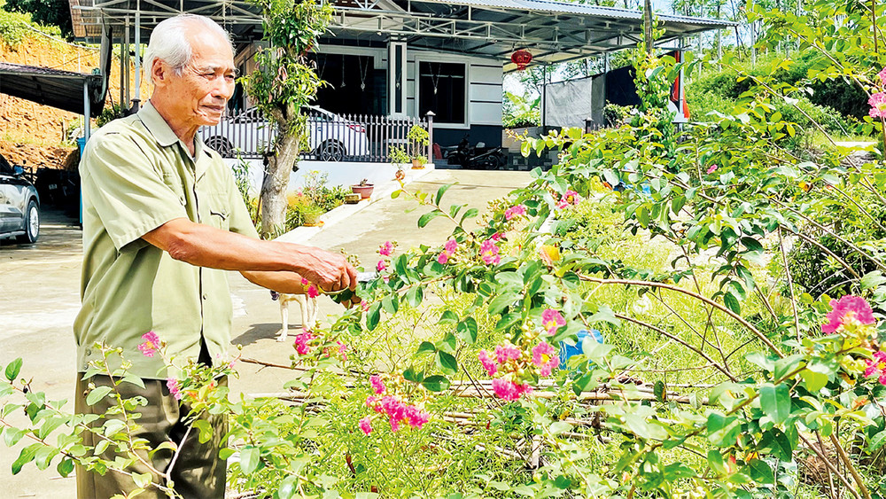 Thương binh Nguyễn Công Sáu chăm sóc vườn hoa của gia đình.