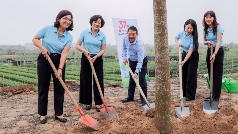 Lãnh đạo Ủy ban nhân dân huyện Mê Linh và Agribank tham gia trồng cây.