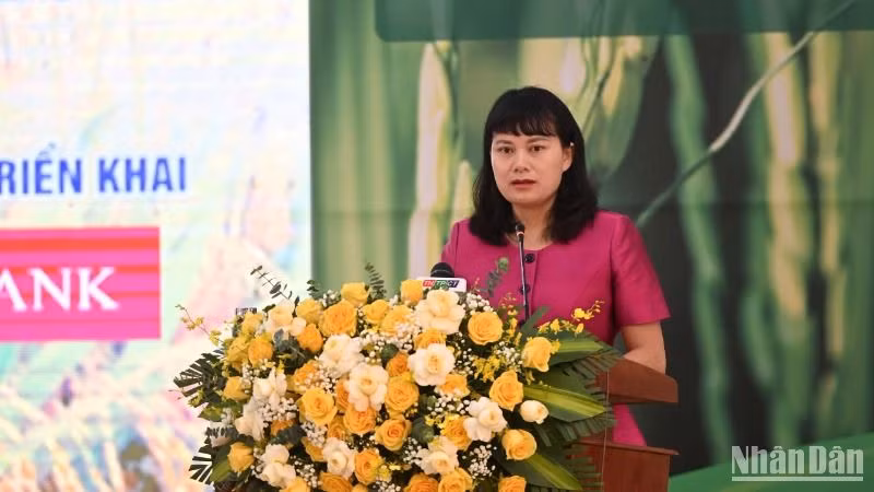 Phó Tổng Giám đốc Agribank Phùng Thị Bình chia sẻ ý kiến tại Hội nghị.