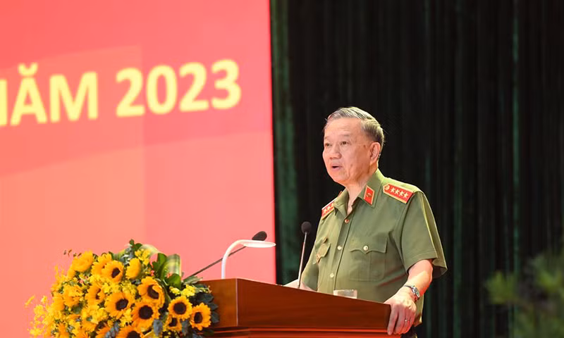 Bộ trưởng Tô Lâm phát biểu bế mạc Hội nghị. (Ảnh: Bộ Công an)