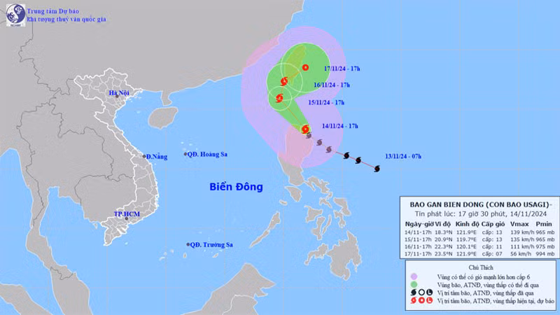 Vị trí và hướng di chuyển của bão Usagi. (Nguồn: nchmf.gov.vn)