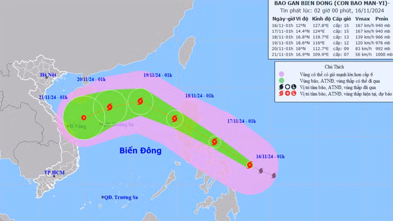 Vị trí và hướng di chuyển của bão Man-yi. (Nguồn: nchmf.gov.vn)