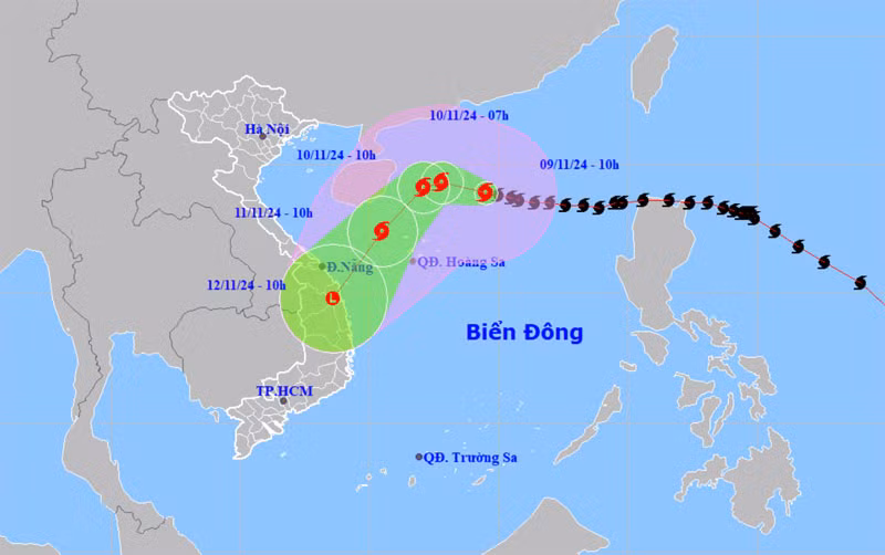 Vị trí và hướng di chuyển của bão số 7 lúc 10 giờ ngày 9/11. (Nguồn: nchmf.gov.vn)