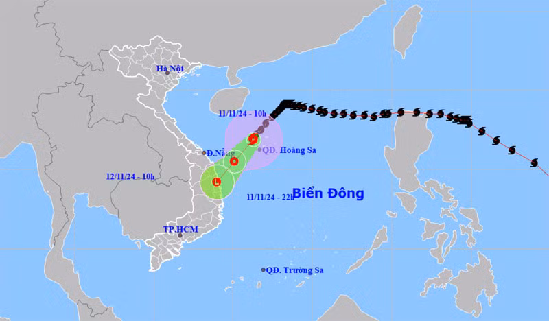 Vị trí và hướng di chuyển của bão số 7 lúc 10 giờ ngày 11/11. (Nguồn: nchmf.gov.vn)