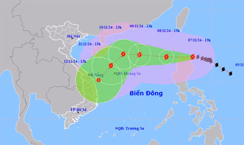 Vị trí và hướng di chuyển của bão Yinxing lúc 13 giờ ngày 7/11. (Nguồn: nchmf.gov.vn)
