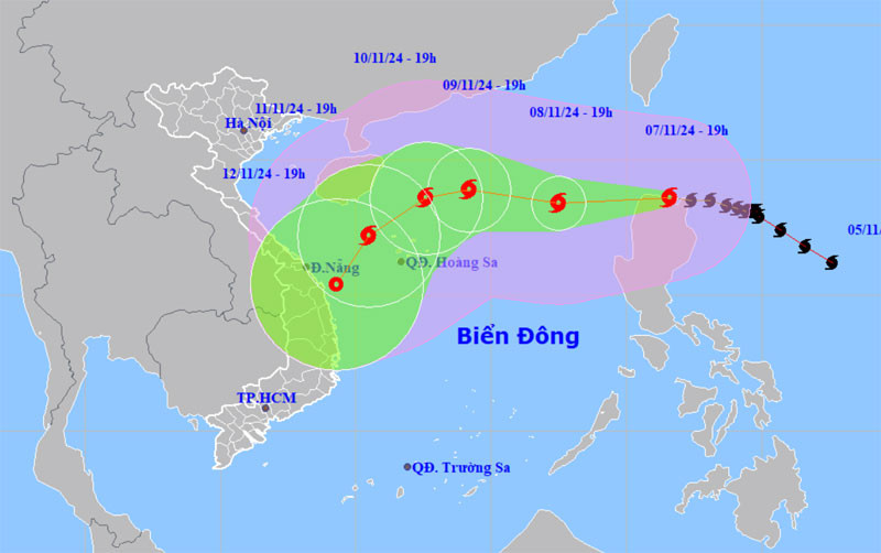 Vị trí và hướng di chuyển của bão Yinxing lúc 19 giờ ngày 7/11. (Nguồn: nchmf.gov.vn)