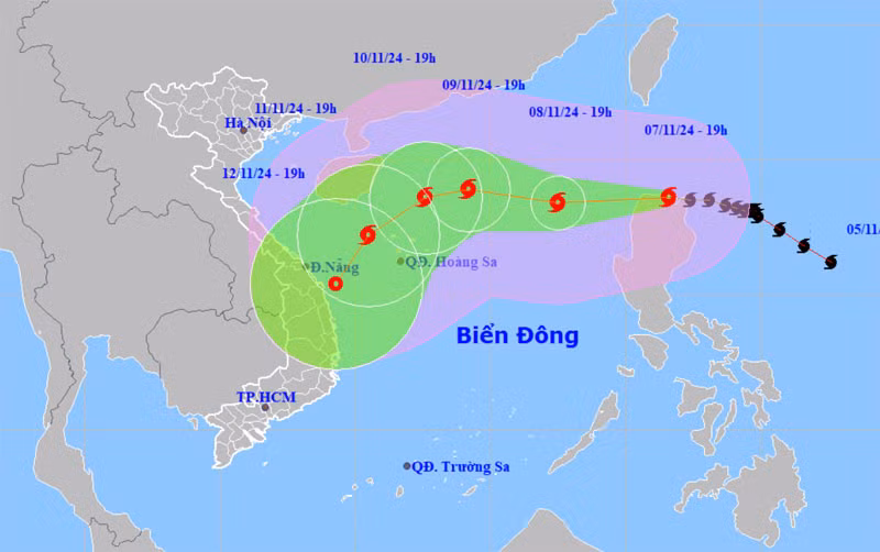 Vị trí và hướng di chuyển của bão Yinxing lúc 19 giờ ngày 7/11. (Nguồn: nchmf.gov.vn)
