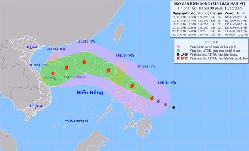 Vị trí và hướng di chuyển của bão Man-yi. (Nguồn: nchmf.gov.vn)