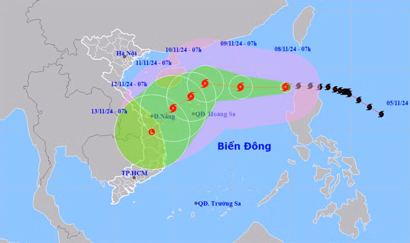 Vị trí và hướng di chuyển của bão số 7 lúc 7 giờ ngày 8/11. (Nguồn: nchmf.gov.vn)