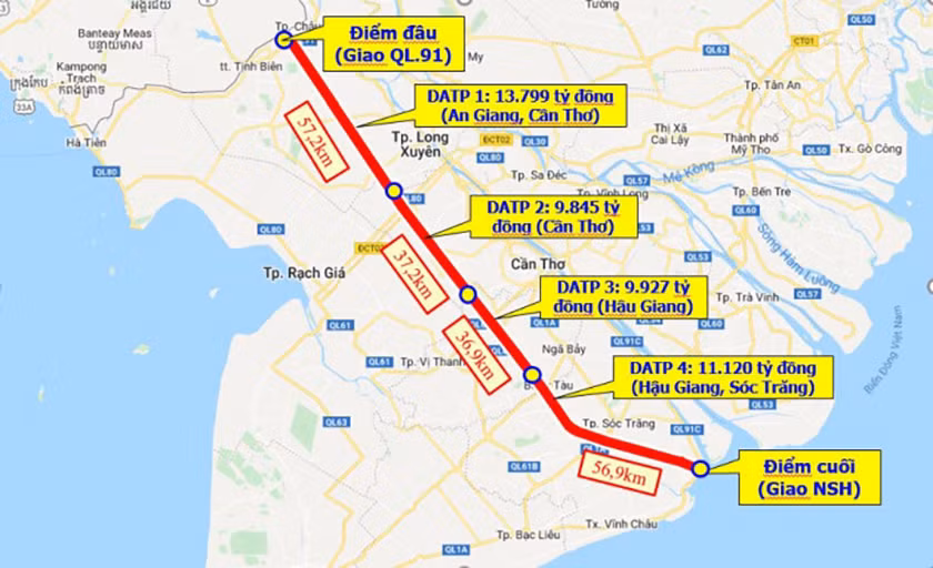Phác thảo toàn tuyến Dự án cao tốc Châu Đốc-Cần Thơ-Sóc Trăng.