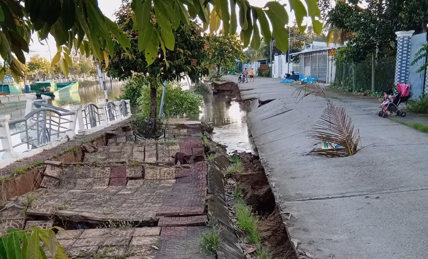 Nhiều đoạn bờ kè tuyến kênh Kế Sách-Na Tưng xuất hiện vết rạn nứt, cảnh báo sạt lở nguy hiểm.