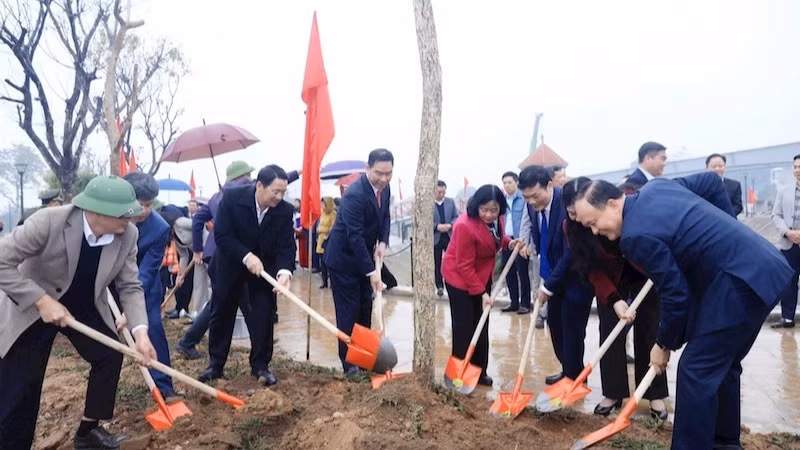 Bí thư Thành ủy Hà Nội Bùi Thị Minh Hoài tham gia trồng cây cùng các đại biểu.