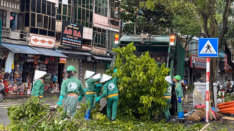 Công nhân Công ty vệ sinh môi trường Hải Dương khẩn trương dọn dẹp hệ thống cây xanh bị đổ gẫy trên địa bàn thành phố.