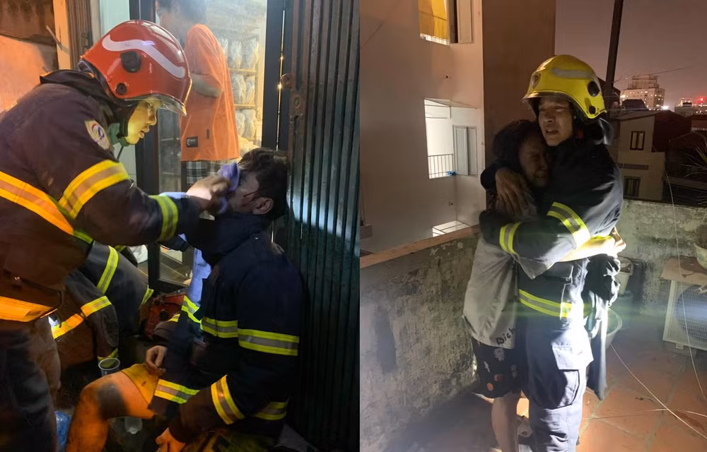 Một chiến sĩ kiệt sức trong nỗ lực cứu hỏa và niềm vui khi hướng dẫn người dân thoát nạn thành công. (Ảnh: Thúy Chu)