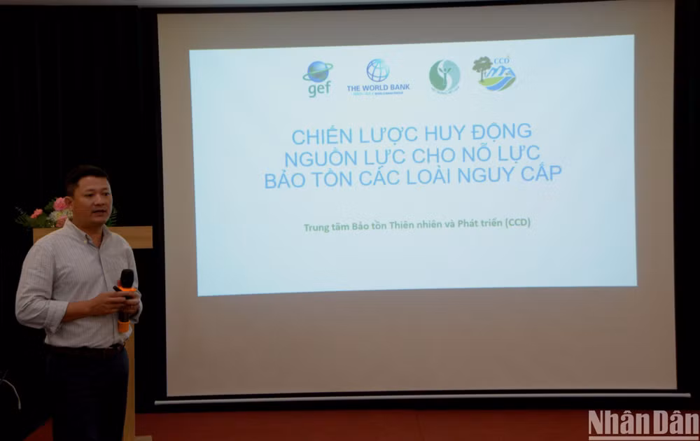 Ông Nguyễn Mạnh Hà - Giám đốc Trung tâm Bảo tồn Thiên nhiên và Phát triển trình bày chiến lược huy động nguồn lực cho bảo tồn loài tại Việt Nam.