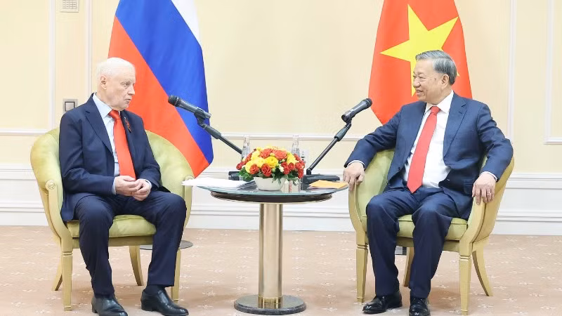 Tổng Bí thư Tô Lâm tiếp Chủ tịch Đảng "Nước Nga Công bằng-Những người yêu nước-Vì Sự thật" Sergey Mironov. (Ảnh: Thống Nhất/TTXVN) 