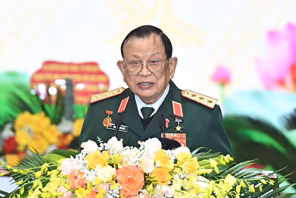 Thượng tướng Nguyễn Văn Được, Chủ tịch Hội Cựu chiến binh Việt Nam khóa VI phát biểu tại đại hội. (Ảnh: ĐĂNG KHOA)