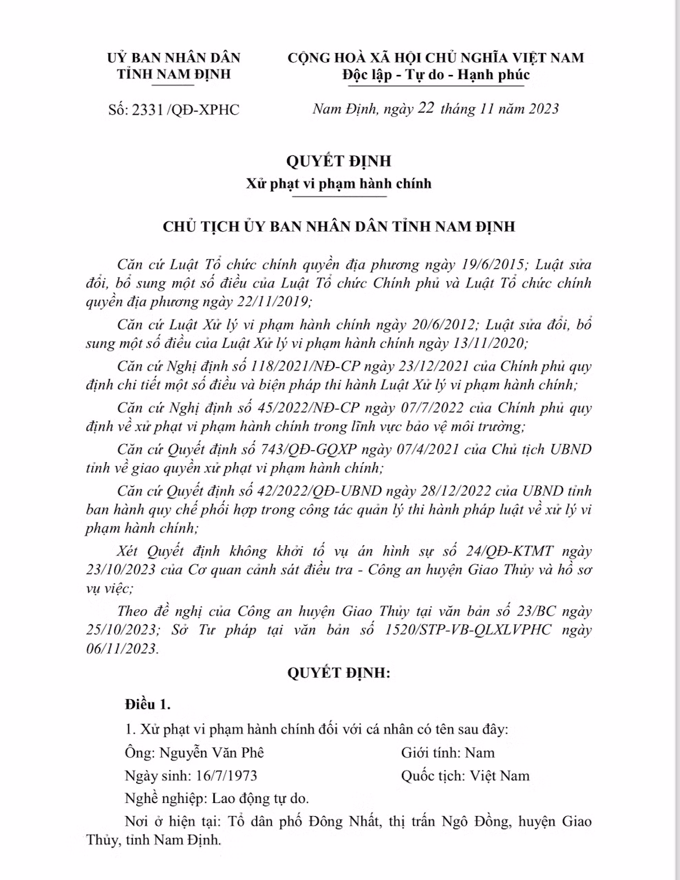 Quyết định xử phạt vi phạm hành chính của Ủy ban nhân dân tỉnh Nam Định đối với ông Nguyễn Văn Phê. Quyết định xử phạt vi phạm hành chính của Ủy ban nhân dân tỉnh Nam Định đối với ông Nguyễn Văn Phê.