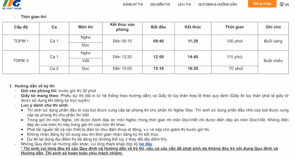Thông báo trên trang chính thức của đơn vị tổ chức thi nêu rõ giờ vào phòng thi cần trước 30 phút.