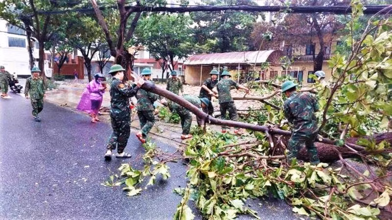 Cán bộ, chiến sĩ Bộ Chỉ huy quân sự thành phố Đà Nẵng dọn cây xanh ngã đổ trên các tuyến đường.