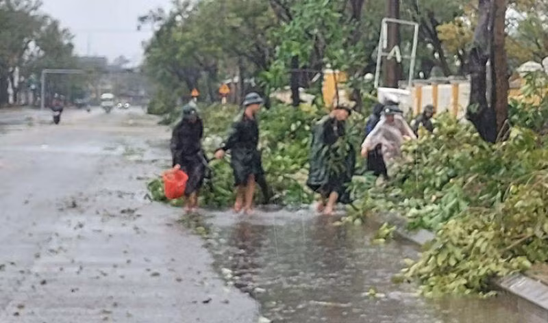 Lực lượng vũ trang chặt cây ngã đổ trên đường Trần Phú (thành phố Tam Kỳ).