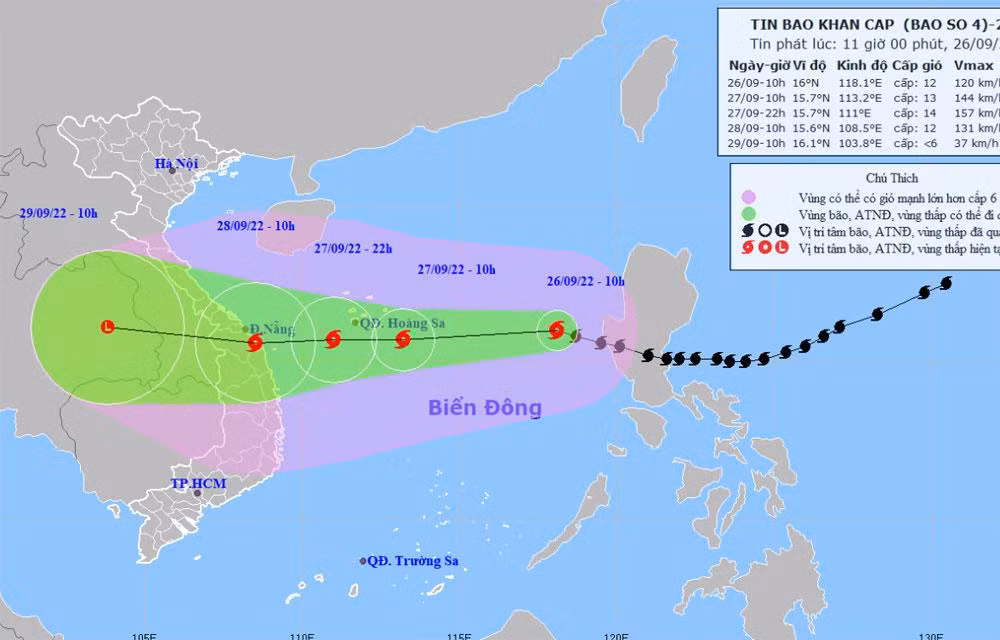 Vị trí và hướng di chuyển của bão số 4. (Nguồn: nchmf.gov.vn)