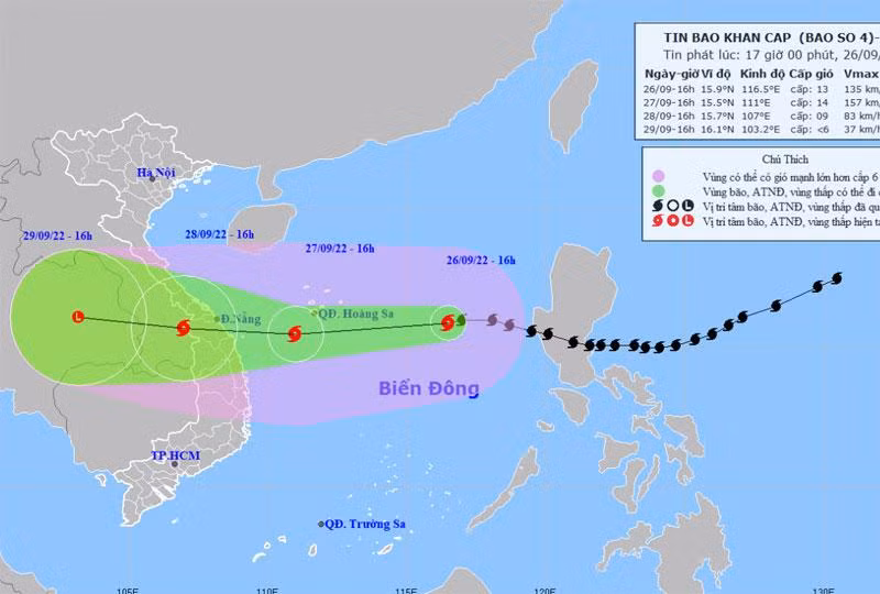 Vị trí và hướng di chuyển của bão số 4. (Nguồn: nchmf.gov.vn)
