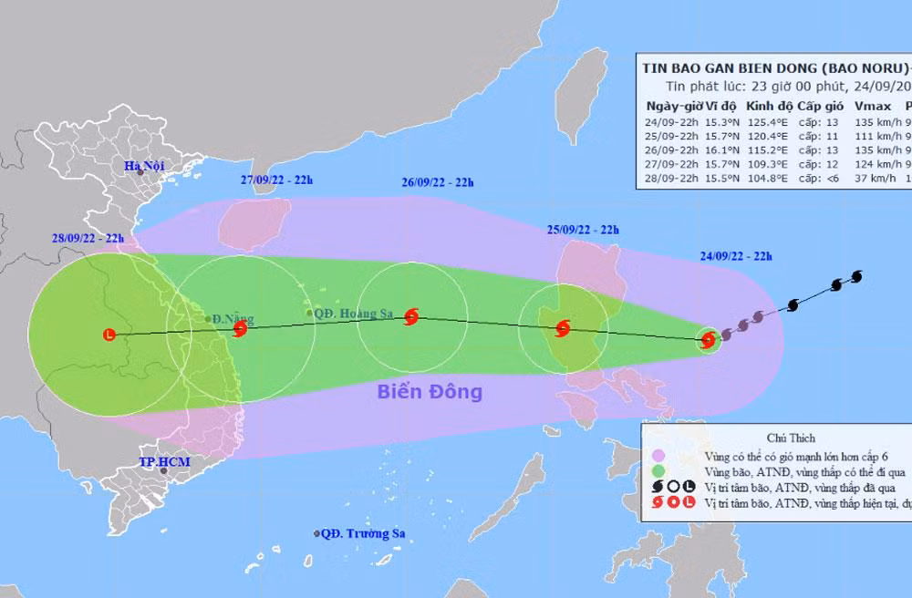 Vị trí và hướng di chuyển của bão Noru. (Nguồn: nchmf.gov.vn)