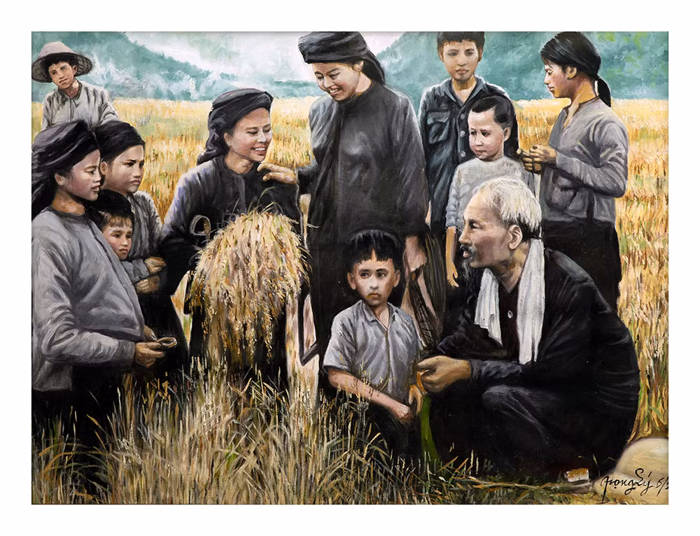 Tác phẩm được trưng bày tại triển lãm “Tấm lòng của họa sĩ Việt kiều với Bác Hồ”. Ảnh: Bảo tàng Mỹ thuật Việt Nam cung cấp.