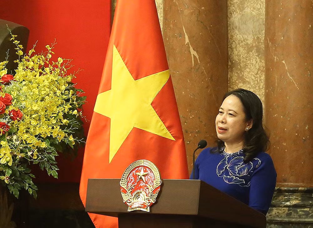 Quyền Chủ tịch nước Võ Thị Ánh Xuân phát biểu ý kiến tại buổi gặp mặt.
