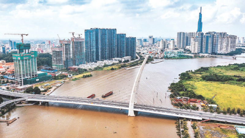Cầu Thủ Thiêm nối Quận 1 và thành phố Thủ Đức nhìn từ trên cao.