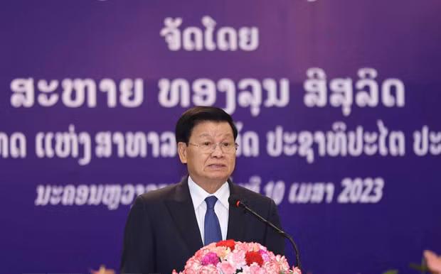 Tổng Bí thư, Chủ tịch nước Lào Thongloun Sisoulith phát biểu tại tiệc chiêu đãi.