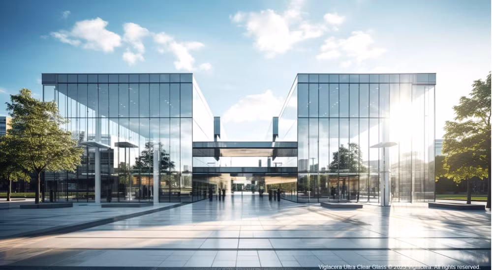 Kính siêu trắng Viglacera ứng dụng trong mặt dựng tòa nhà.