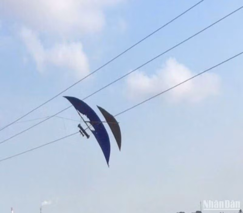 Một chiếc diều sáo "thân đôi" có chiều dài gần 2 mét mắc vào đường dây điện.