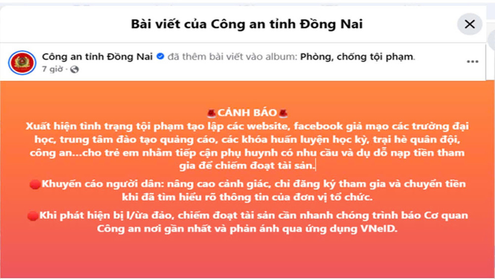 Thông tin cảnh báo trên trang Fanpage chính thức của Công an tỉnh Đồng Nai. (Ảnh chụp màn hình). Thông tin cảnh báo trên trang Fanpage chính thức của Công an tỉnh Đồng Nai. (Ảnh chụp màn hình).