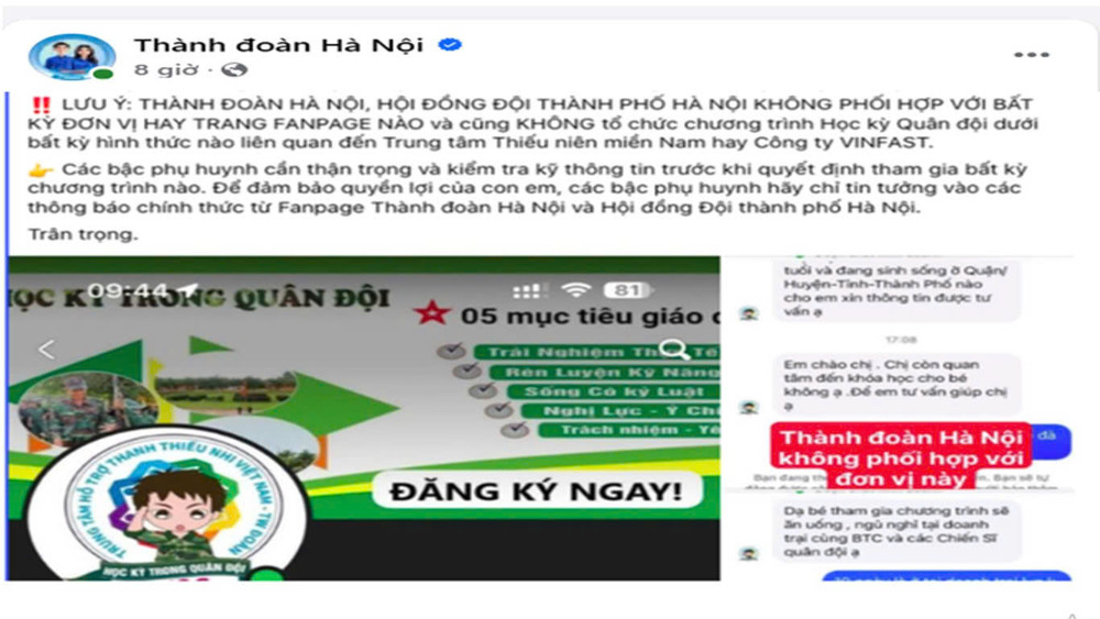Thành đoàn - Hội đồng Đội thành phố Hà Nội cảnh báo lừa đảo liên quan đến “Học kỳ Hè Quân đội năm 2025”. (Ảnh chụp màn hình). Thành đoàn - Hội đồng Đội thành phố Hà Nội cảnh báo lừa đảo liên quan đến “Học kỳ Hè Quân đội năm 2025”. (Ảnh chụp màn hình).