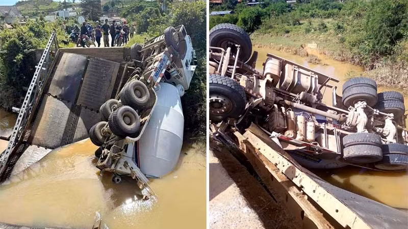 Xe bồn bị lật xuống suối.