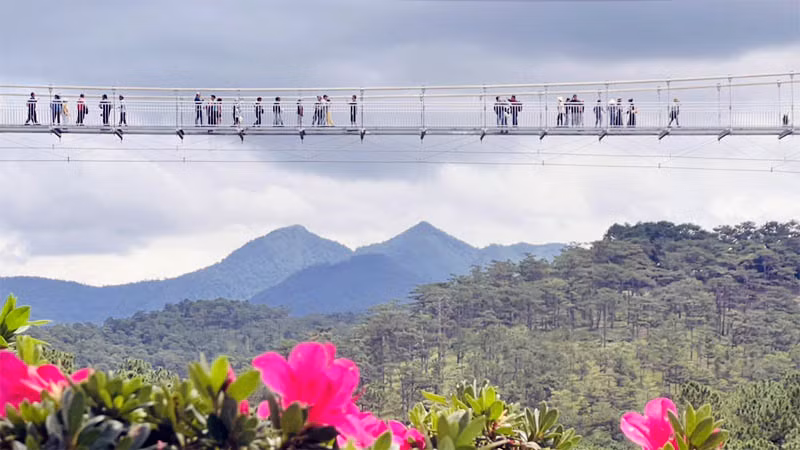 Đứng trên cầu kính Ngàn Thông có thể thu trọn tầm mắt dãy núi Lang Biang.