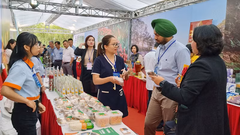 Doanh nghiệp Ấn Độ tìm hiểu sản phẩm nông nghiệp tại không gian trưng bày trong khuôn khổ chương trình.