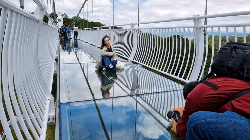 Du khách ghi dấu khi trải nghiệm cầu kính Ngàn Thông.