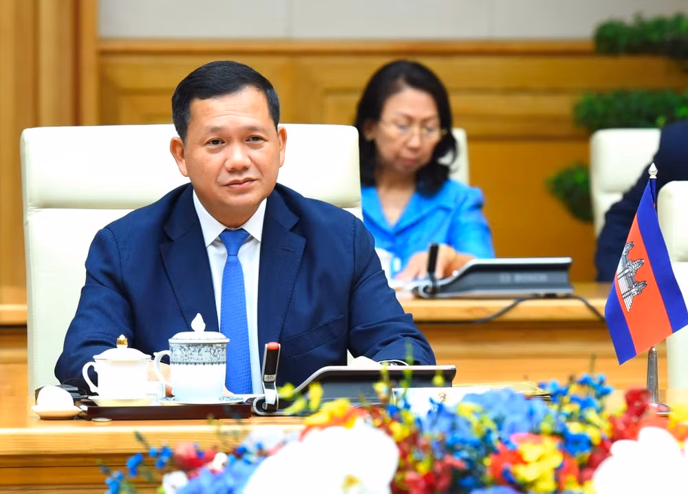 Thủ tướng Vương quốc Campuchia Samdech Moha Bovor Thipadei Hun Manet phát biểu tại buổi hội đàm.