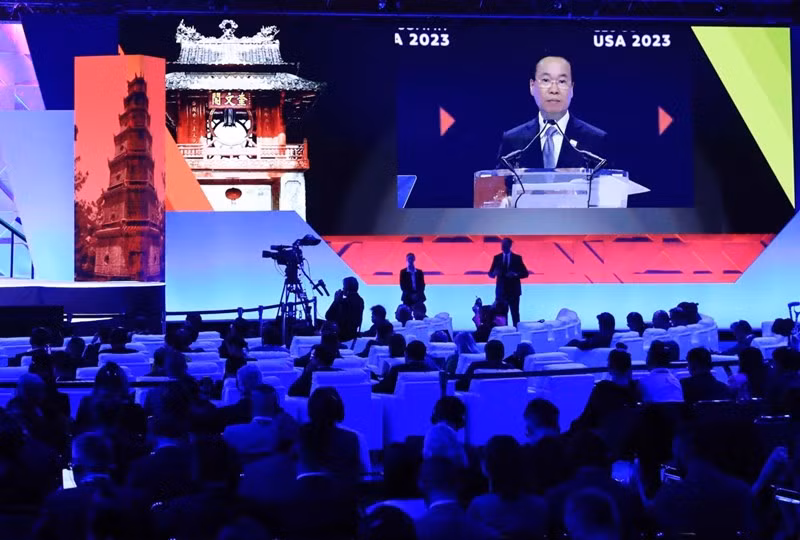 Chủ tịch nước Võ Văn Thưởng phát biểu tại Hội nghị Thượng đỉnh Doanh nghiệp APEC. (Ảnh: Thống Nhất/TTXVN)