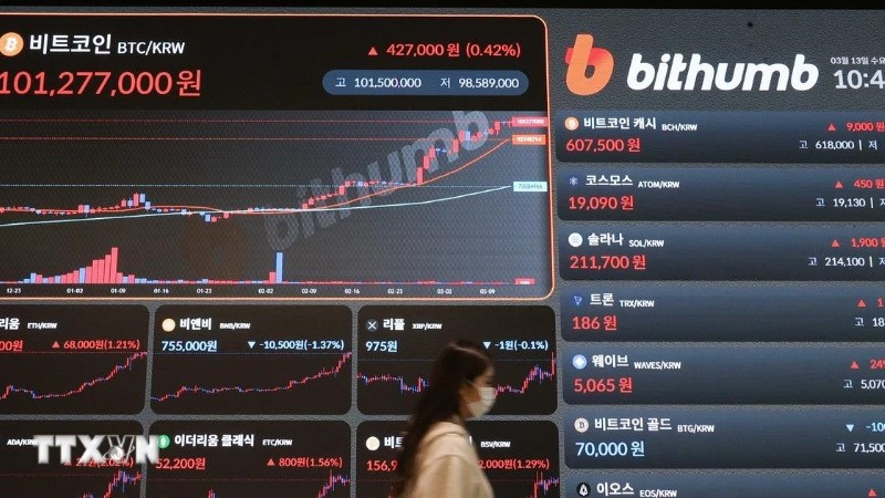 Biểu đồ giá đồng Bitcoin tại sàn giao dịch ở Seoul (Hàn Quốc) hồi tháng Ba năm ngoái. (Ảnh: Yonhap/TTXVN) 