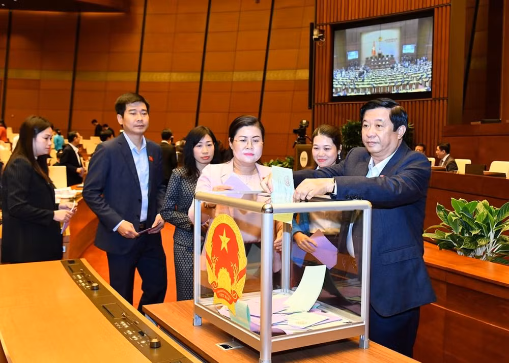 Các đại biểu Quốc hội bỏ phiếu miễn nhiệm Tổng Kiểm toán Nhà nước nhiệm kỳ 2021-2026; phê chuẩn việc miễn nhiệm Bộ trưởng Giao thông vận tải nhiệm kỳ 2021-2026.