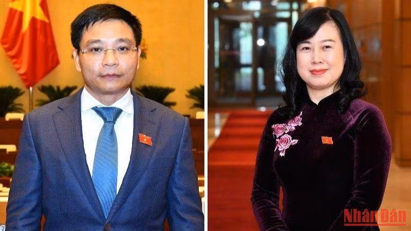 Tân Bộ trưởng Giao thông vận tải Nguyễn Văn Thắng và tân Bộ trưởng Y tế Đào Hồng Lan. (Ảnh: THỦY NGUYÊN)