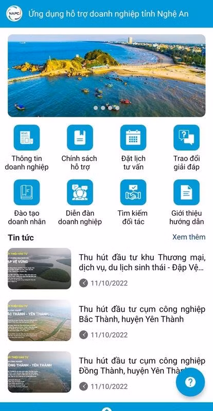 Giao diện chính của ứng dụng hỗ trợ doanh nghiệp tỉnh Nghệ An trên điện thoại thông minh.