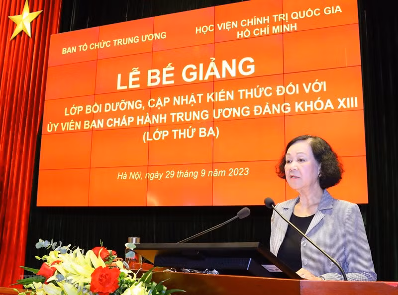 Đồng chí Trương Thị Mai phát biểu tại buổi lễ. (Ảnh: Văn Điệp/TTXVN)