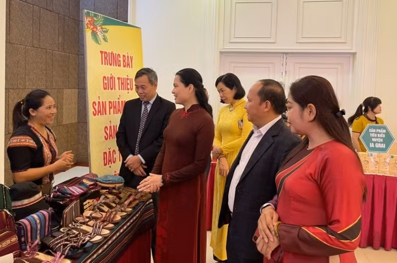 Các đại biểu tham quan sản phẩm OCOP, đặc trưng tiêu biểu của phụ nữ tỉnh Gia Lai.