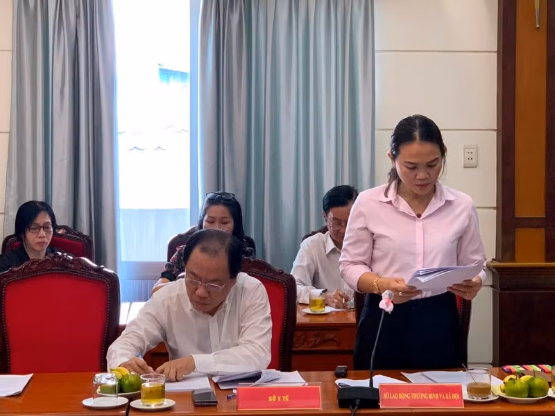 Bà Huỳnh Lê Như Trang, Phó Giám đốc Sở Lao động-Thương binh và Xã hội báo cáo tại buổi giám sát.